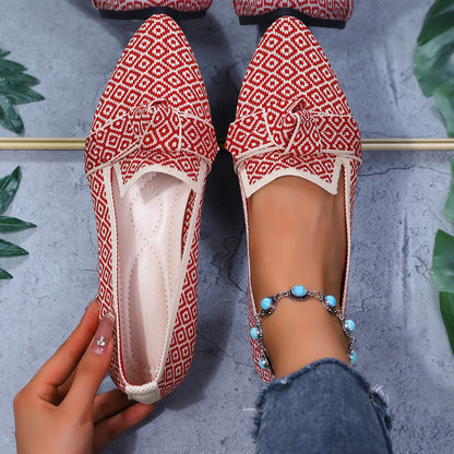 Sarah Express Bow-Tie Loafers | Breathable Mesh Slip-On Pointed Toe Flats Small red grid