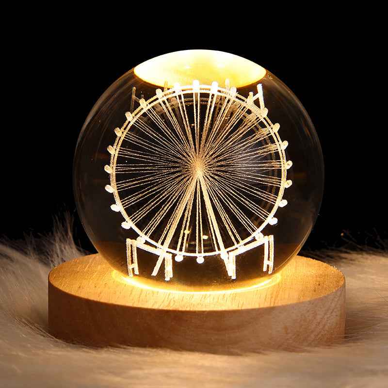 Sarah Express 3D Crystal Ball Night Light - Luminous Planetary Moon Galaxy Projection Lamp with Wooden Base Solid Wood Lamp Holder Ferris Wheel 6CM