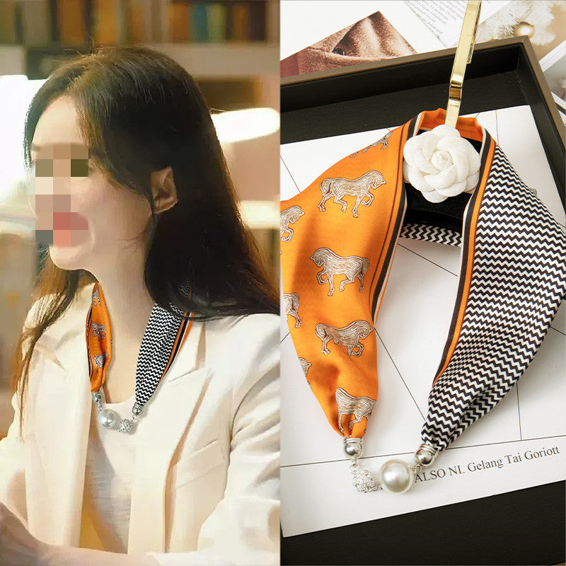 Sarah Express Magnetic Buckle Silk Scarf with Pearl Detail Women's Rectangular Necklace Scarf