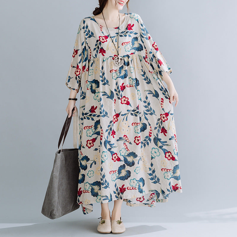 Sarah Express Women's Plus Size Cotton Linen Print Dress Loose Oversized Short Sleeve Maxi