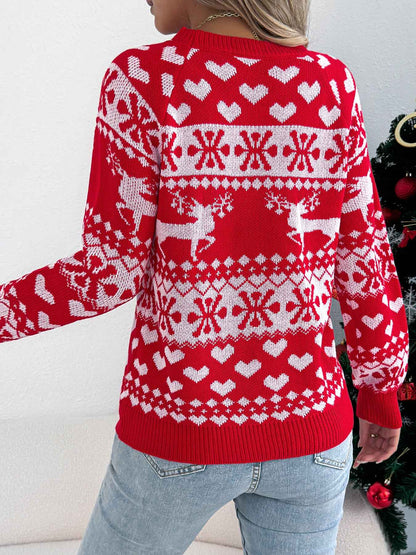 Sarah Express Women's Christmas Deer Pullover Sweater - Festive Holiday Knit Long Sleeve