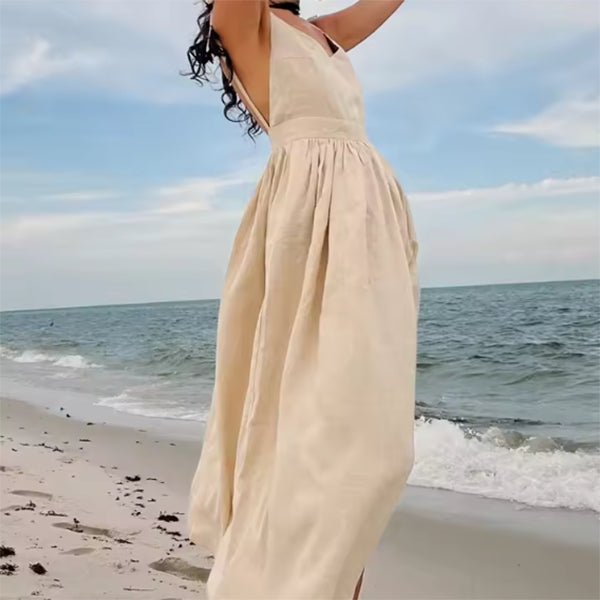 Women's V-Neck Suspender Split Dress - Backless High Waist Long Dress