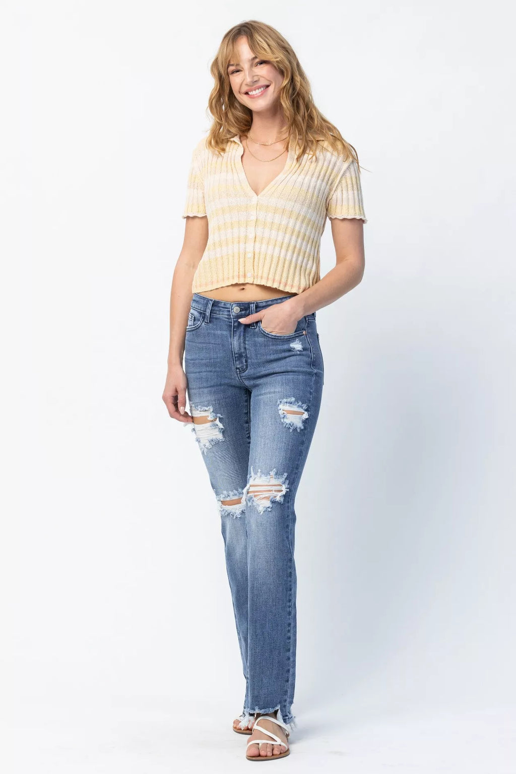 Sarah Express Women’s Plus Size Distressed Mid Rise Straight Jeans
