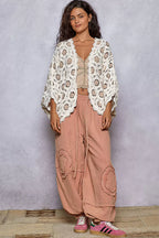 Sarah Express Women’s Openwork Chenille Cardigan with Floral Contrast V-Neck