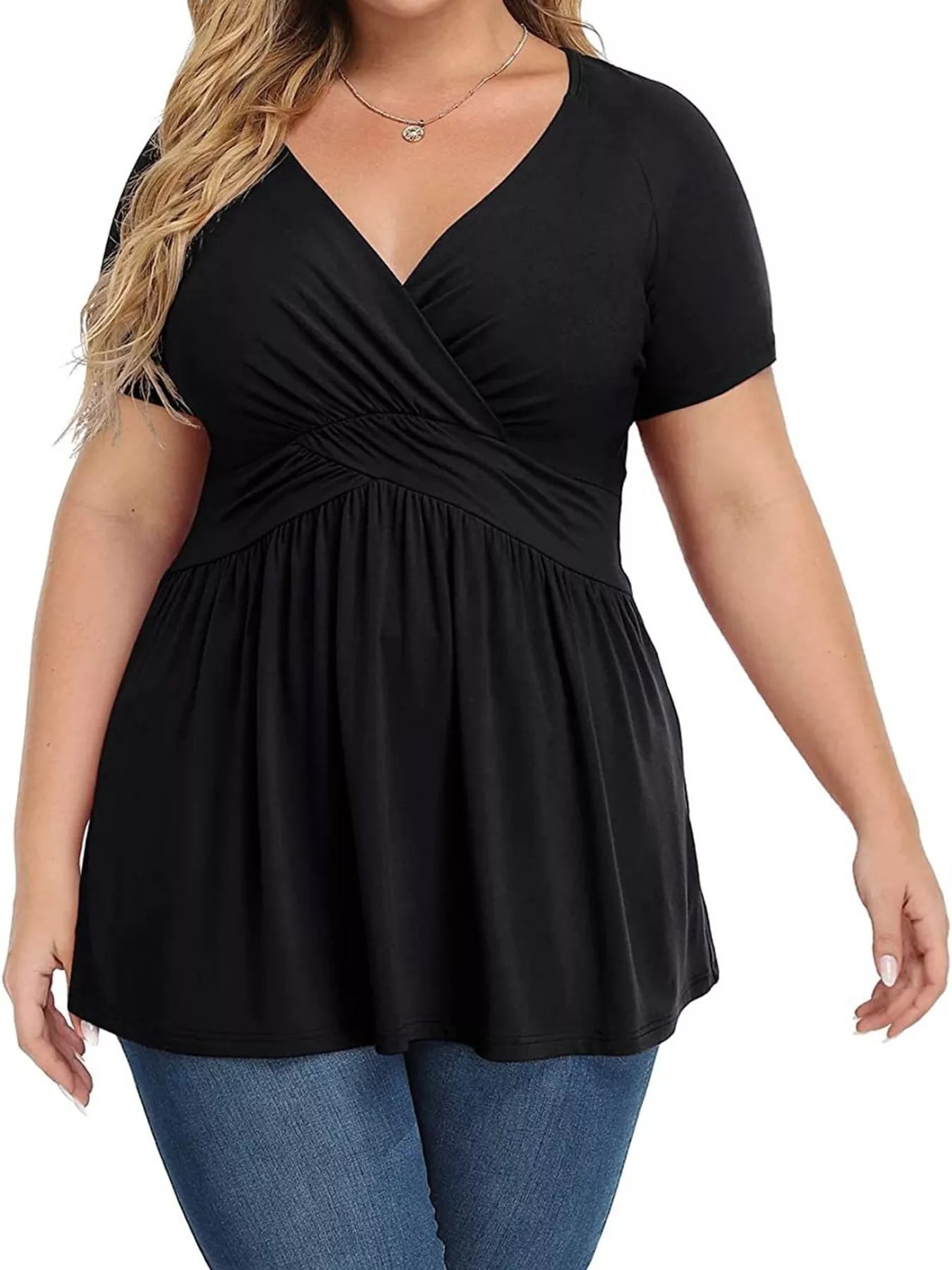 Sarah Express Women's Plus Size Surplice Short Sleeve T-Shirt Black
