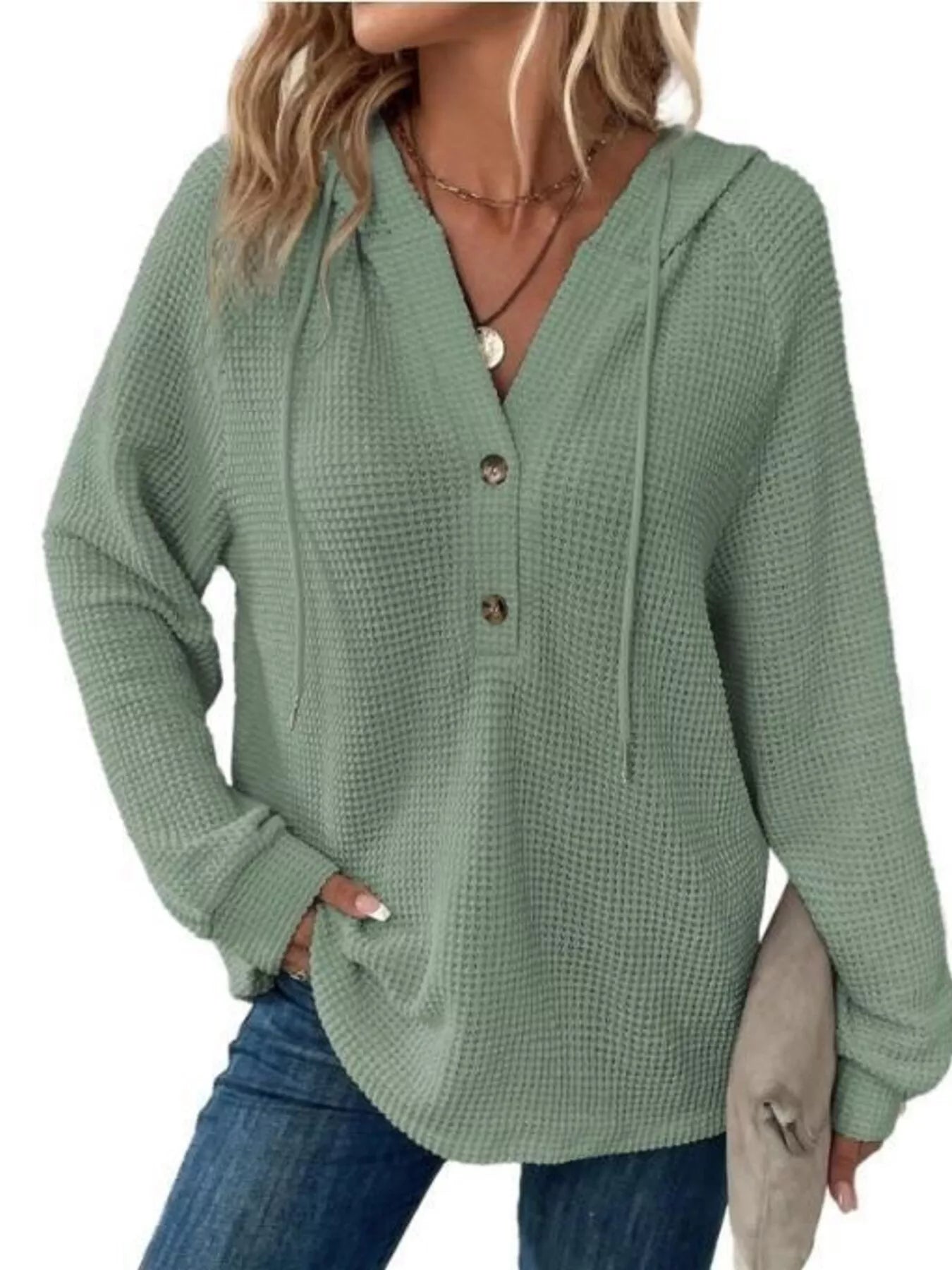 Sarah Express Women's Button Detail Waffle Knit Hoodie - Plus Size Drawstring Pullover with Pockets Light Green