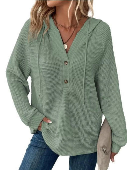 Sarah Express Women's Button Detail Waffle Knit Hoodie - Plus Size Drawstring Pullover with Pockets Light Green