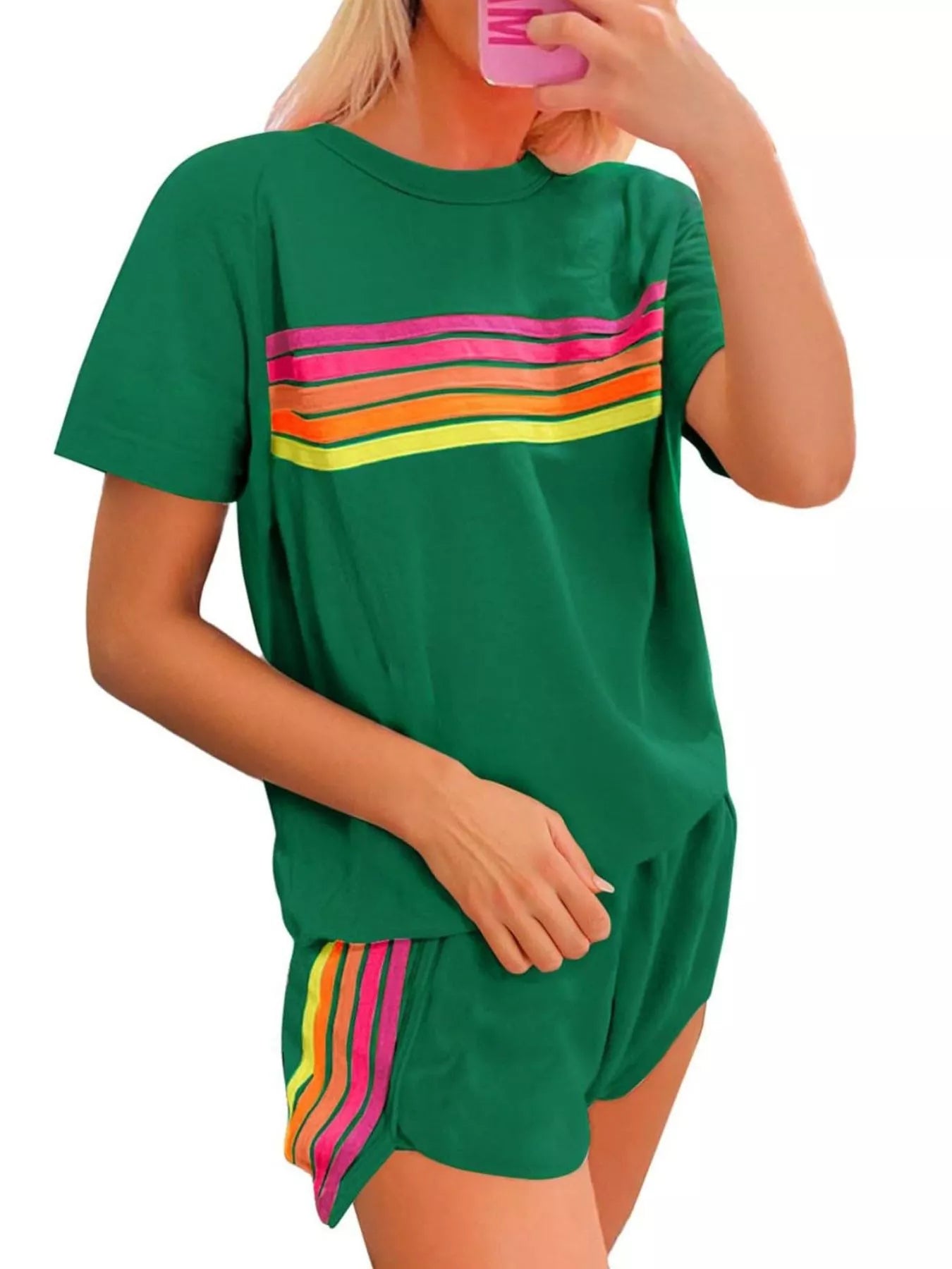 Sarah Express Women's Rainbow Striped Two Piece Set - Round Neck Top & Shorts Lounge Set