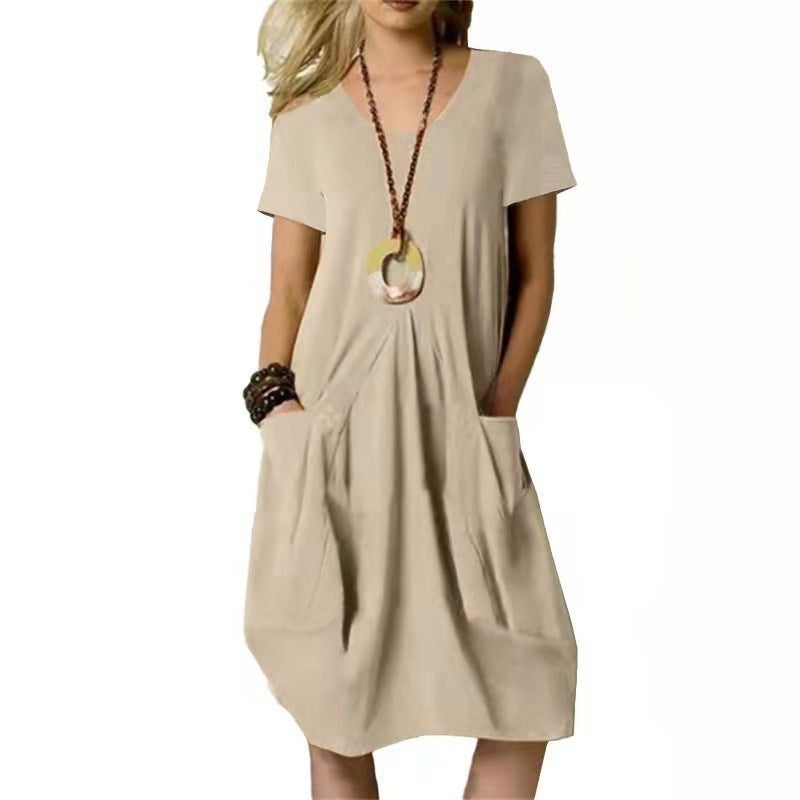 Sarah Express Women's Cotton Linen Loose Midi Dress Round Neck Short Sleeve Casual