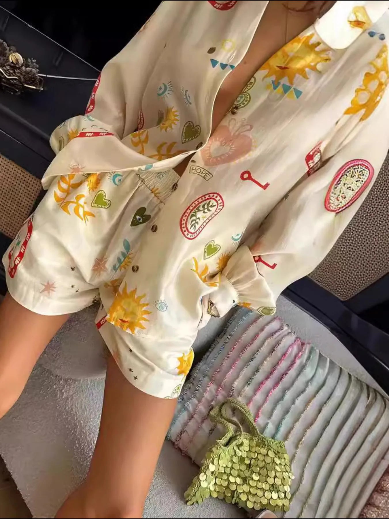 Sarah Express Women's Printed Long Sleeve Shirt and Shorts Set