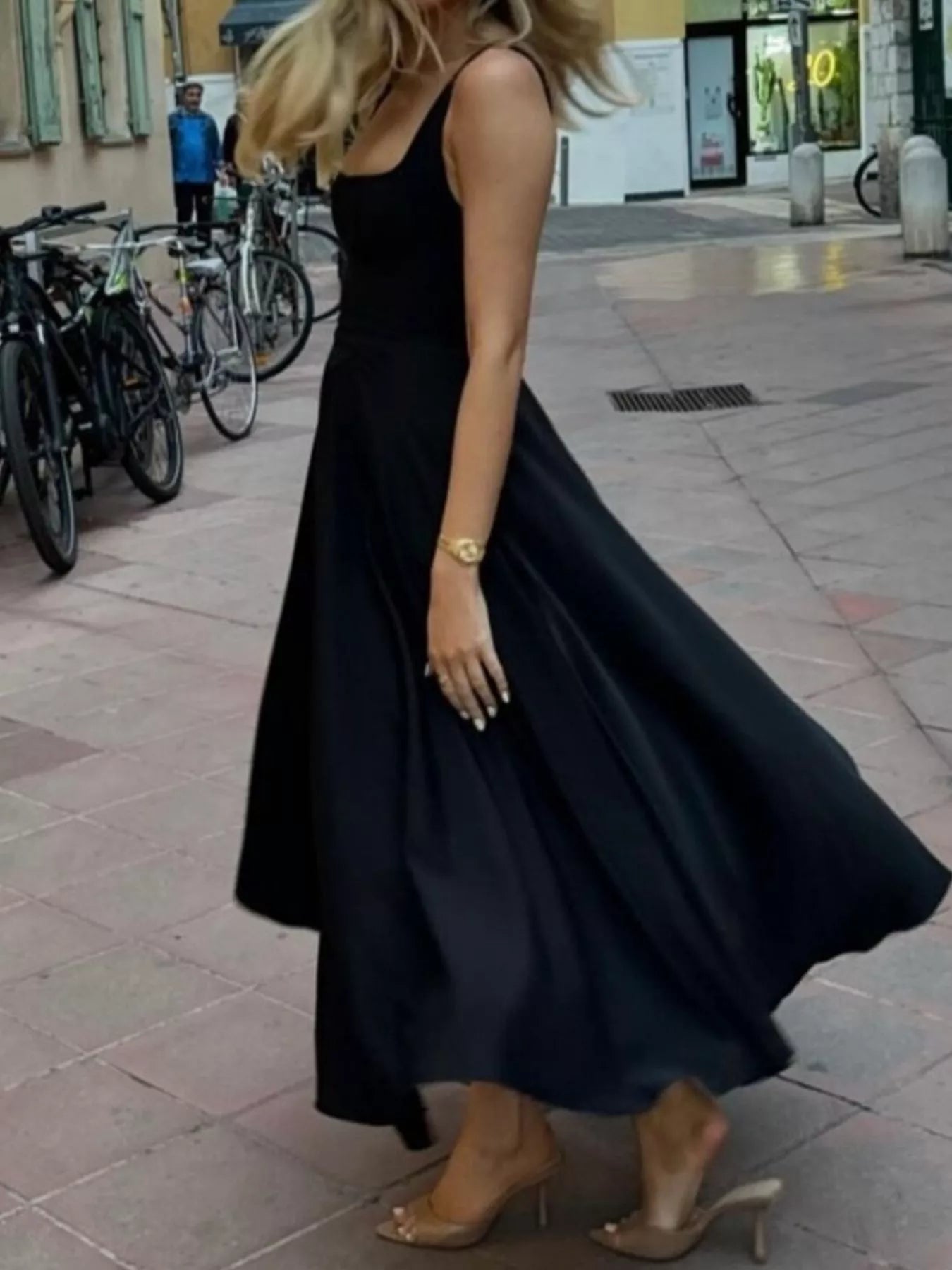 Sarah Express Women's Square Neck Wide Strap A-Line Dress Cotton Blend Casual Midi Dress