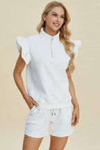 Sarah Express Women’s Plus Size Textured Flounce Sleeve Top and Shorts Set