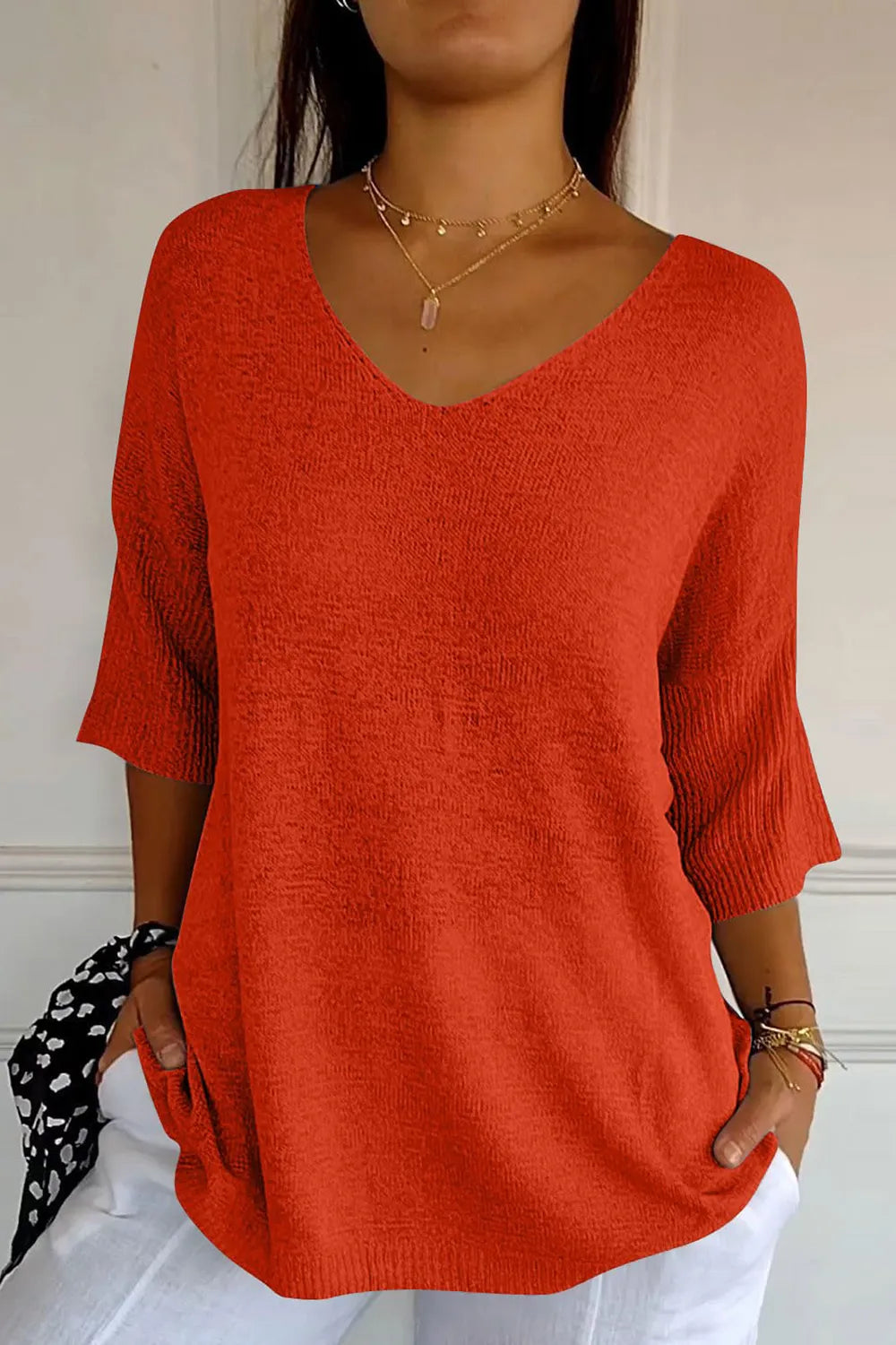Sarah Express Women's V-Neck Three-Quarter Sleeve Knit Top Red One Size