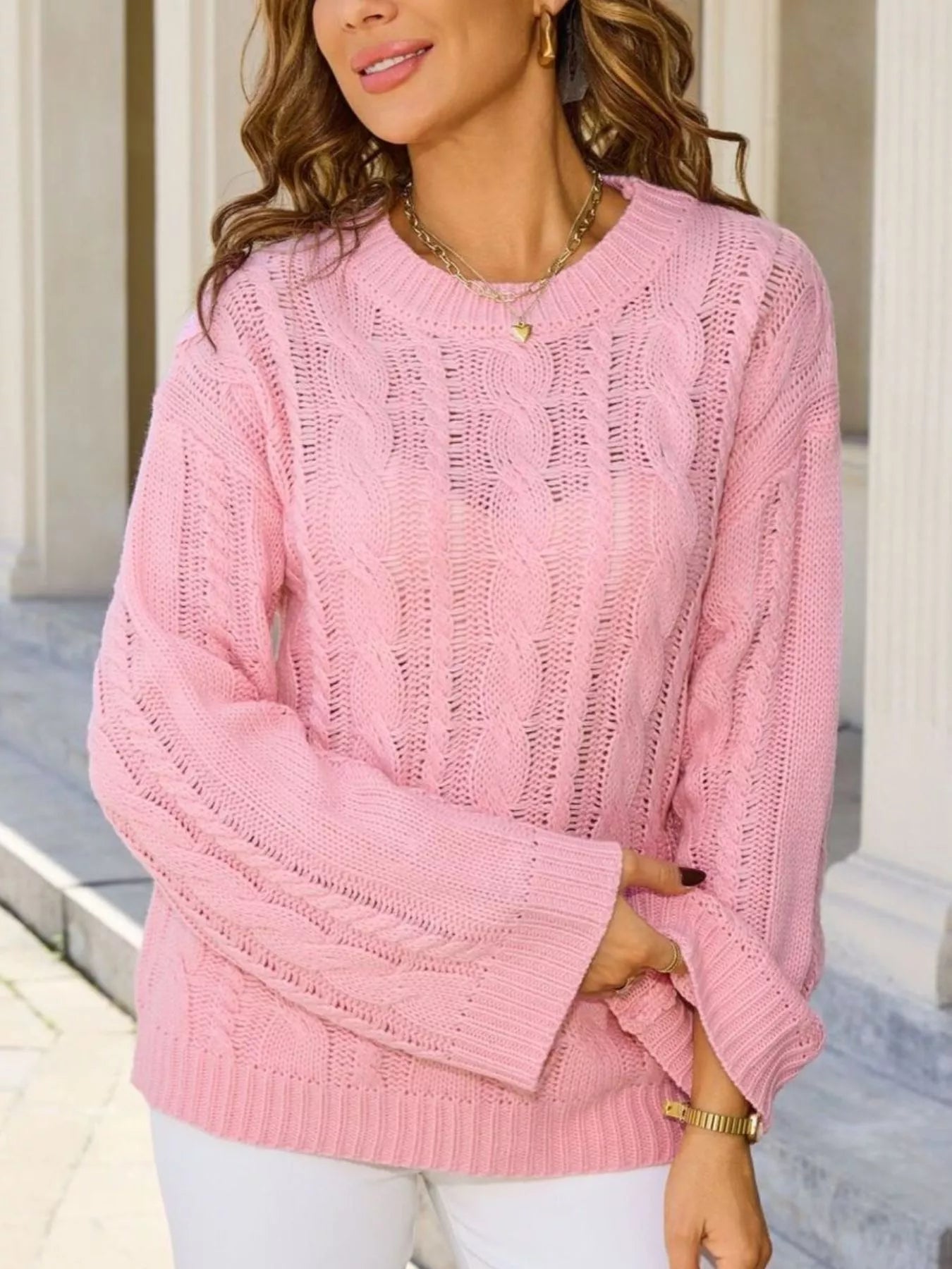 Sarah Express Women's Cable Knit Sweater - Long Sleeve Openwork Pullover