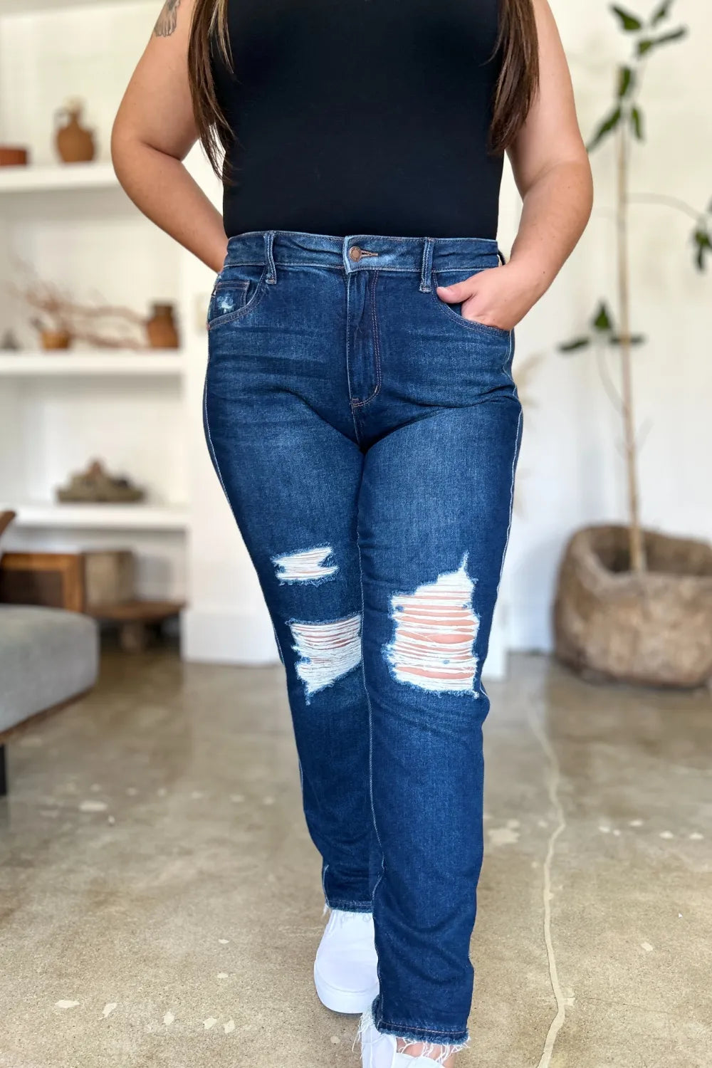 Sarah Express Women’s Plus Size High Waist Heavy Destroy Straight Jeans