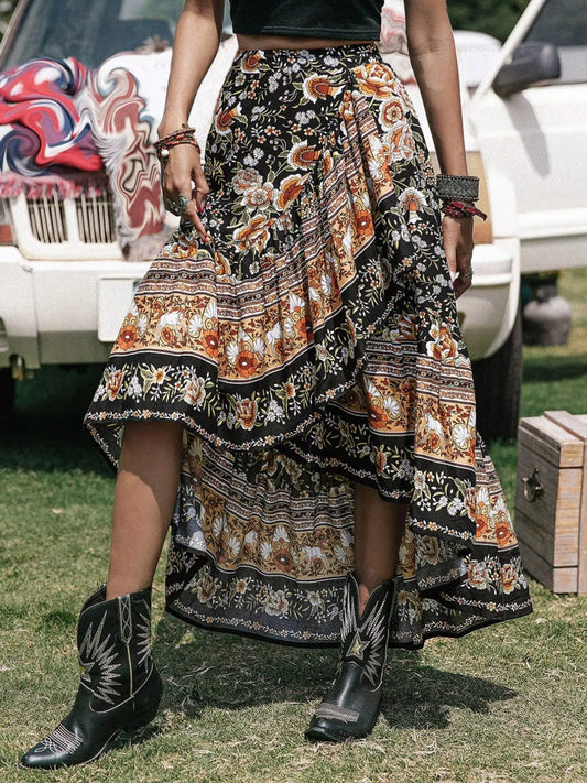 Sarah Express Women's Plus Size Boho Floral Print High-Low Skirt