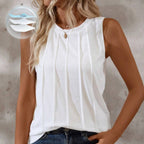 Sarah Express Round Neck Pleated Tank Top Sleeveless Loose Fit Button Detail