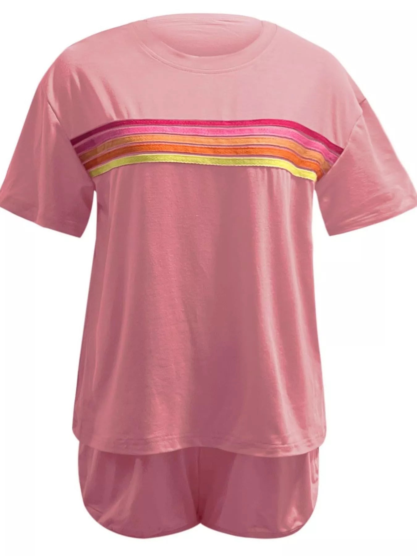 Sarah Express Women's Rainbow Striped Two Piece Set - Round Neck Top & Shorts Lounge Set