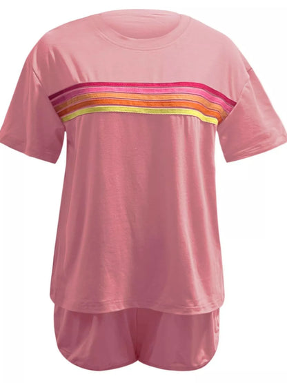 Sarah Express Women's Rainbow Striped Two Piece Set - Round Neck Top & Shorts Lounge Set
