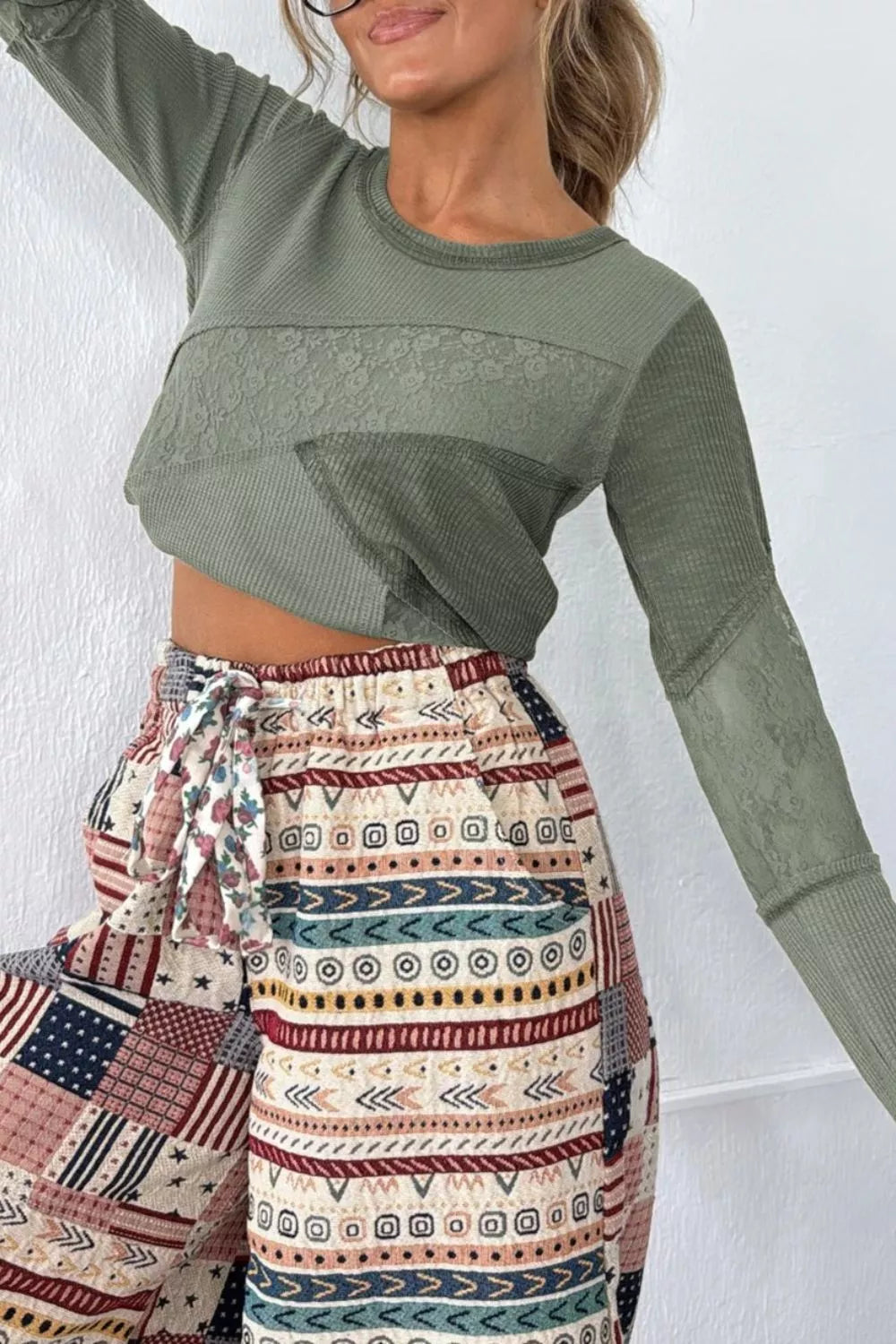 Sarah Express Women's Waffle Ribbed Lace Detail Long Sleeve Top