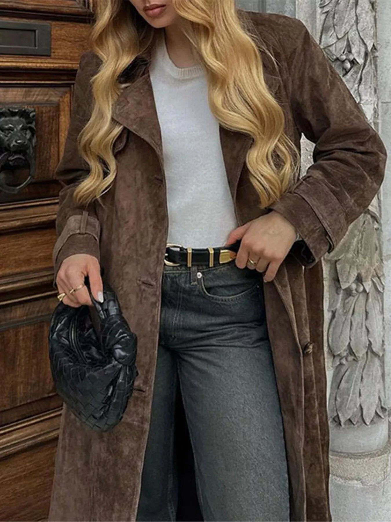 Sarah Express Women's Vintage Double Breasted Tie Waist Coat - Belted Trench Coat