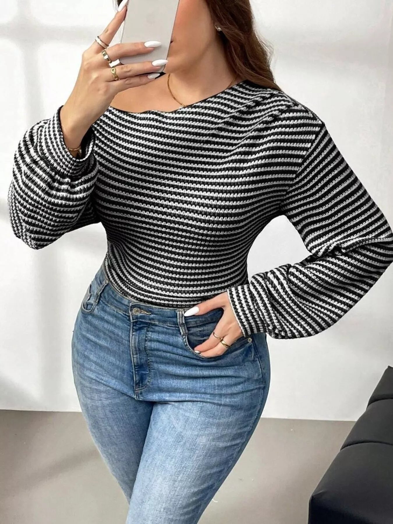 Sarah Express Women's Plus Size Striped One-Shoulder Long Sleeve T-Shirt