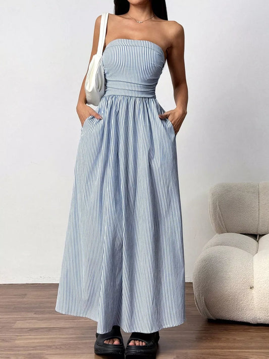 Sarah Express Women's Striped Strapless Maxi Dress with Pockets Blue