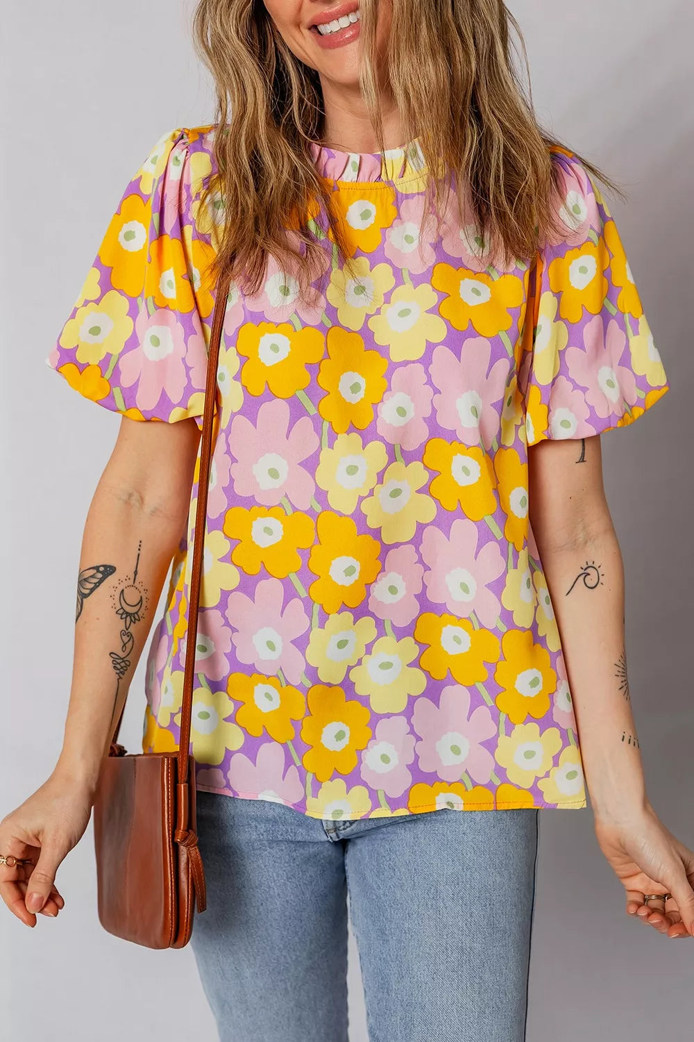 Sarah Express Women's Floral Print Puff Sleeve Blouse - Elegant Ruffle Detail Top