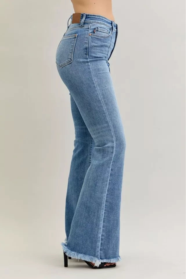 Sarah Express Women’s High Rise Flare Jeans with Fray Hem and Pintuck Detail