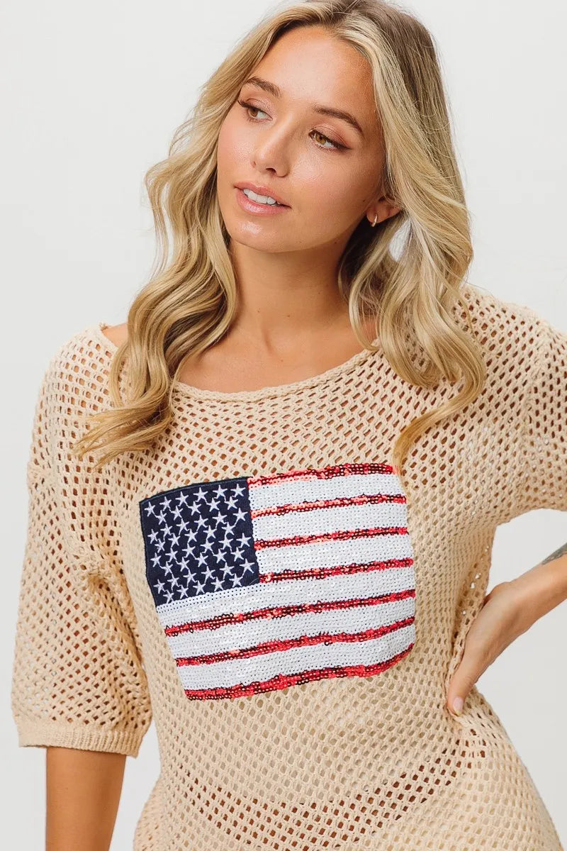 Sequin American Flag Knit Cover Up