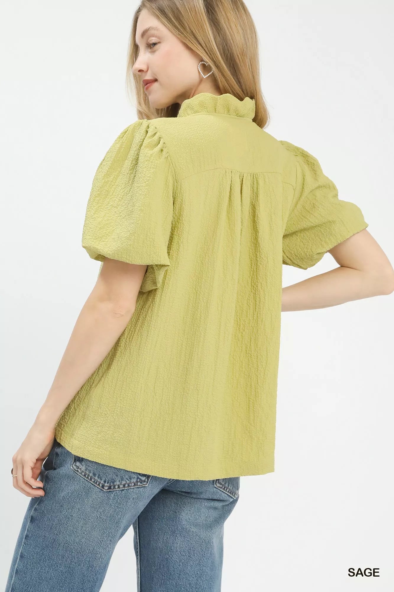 Sarah Express Women's Seersucker Puff Sleeve Blouse - Split V-Neck Top