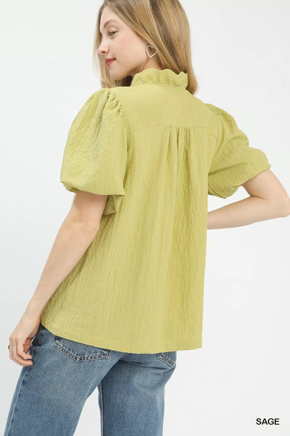 Sarah Express Women's Seersucker Puff Sleeve Blouse - Split V-Neck Top