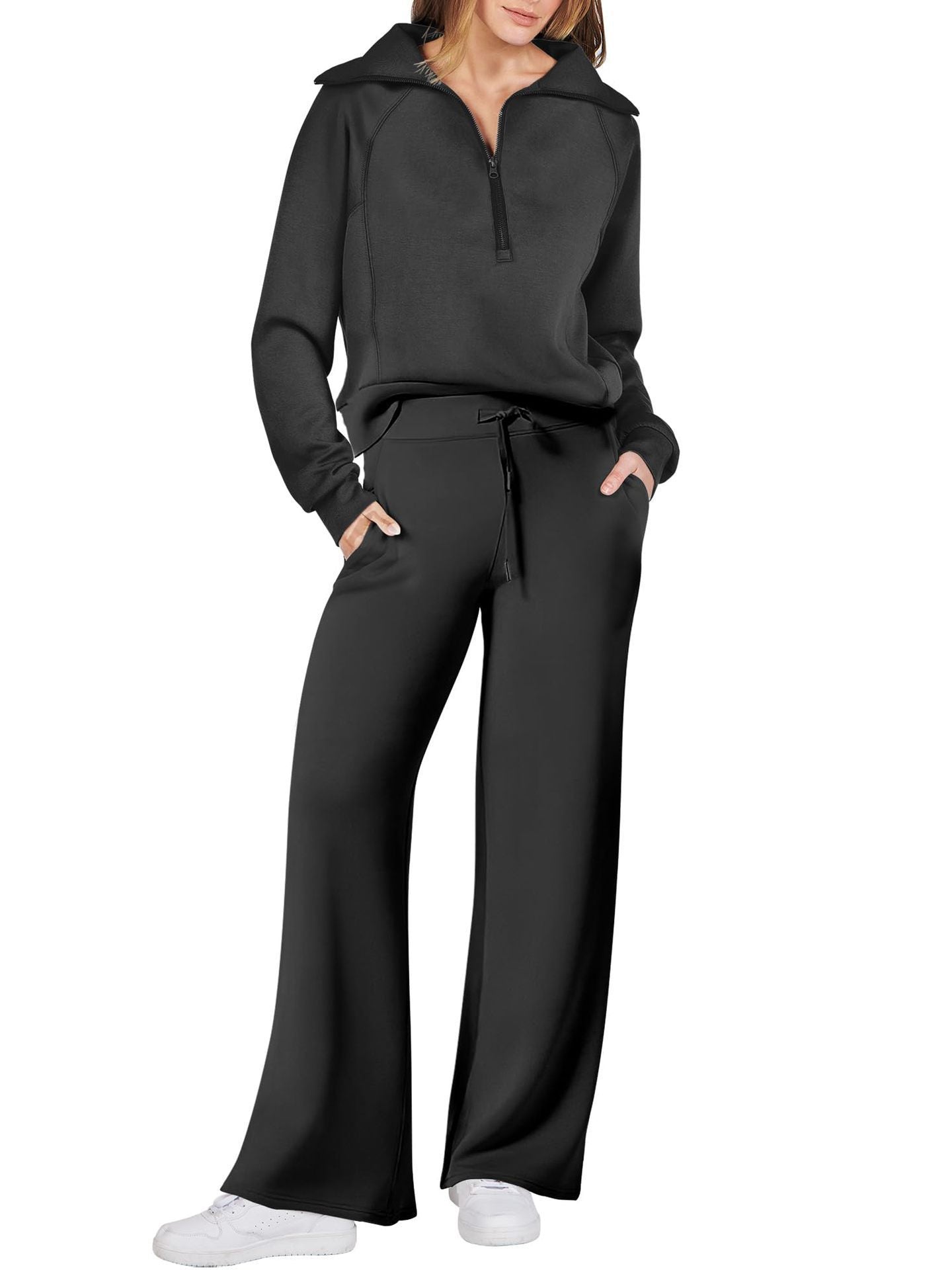 Sarah Express Women's Long Sleeve Zipper Sweatshirt and Wide-Leg Pants Athleisure Set