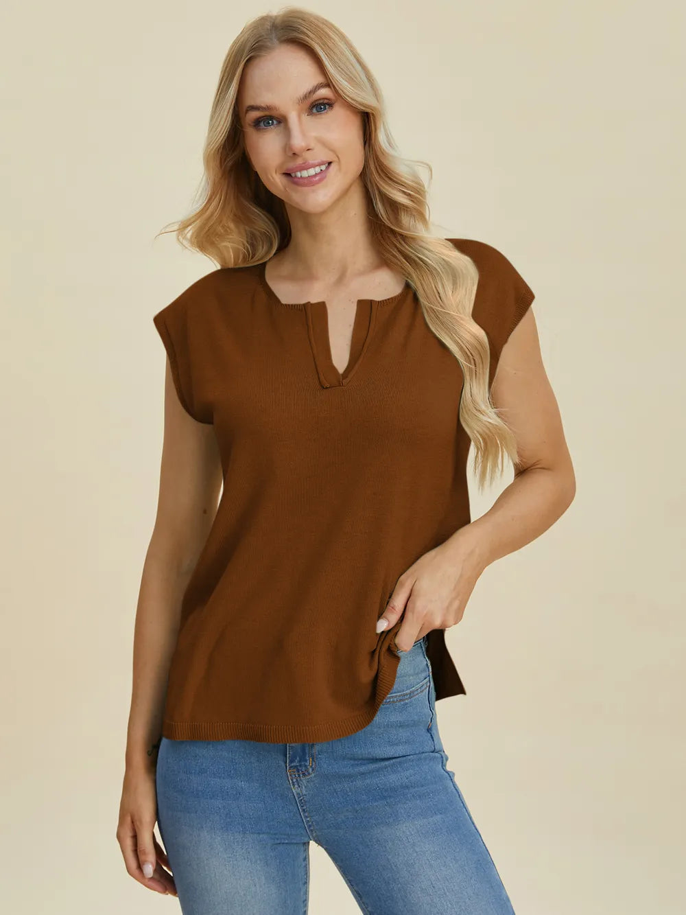 Sarah Express Women's Double Take Notched Cap Sleeve Knit Top Caramel