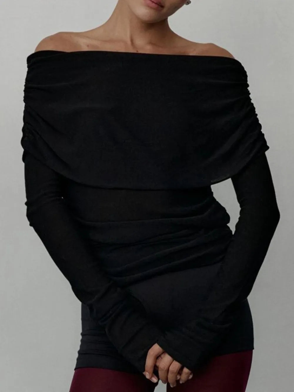 Sarah Express Women's Off-Shoulder Long Sleeve Knit Top Black