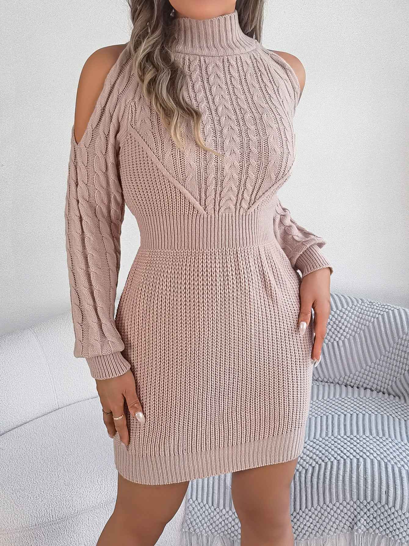 Sarah Express Women's Off-Shoulder Cable Knit Sweater Dress - Bodycon Turtleneck Lantern Sleeve Dress