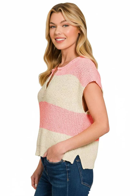 Sarah Express Women's Split Neck Sleeveless Stripe Sweater - Knit Vest Top
