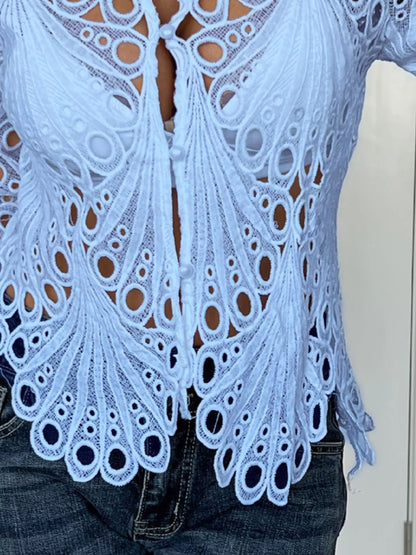 Sarah Express Women's Lace Button Up Long Sleeve Shirt - Elegant Openwork Blouse