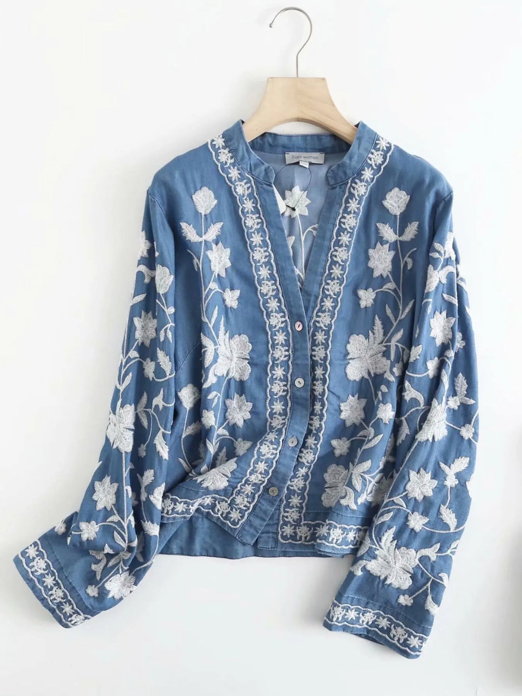 Sarah Express Women's Floral Embroidered Button Up Denim Shirt