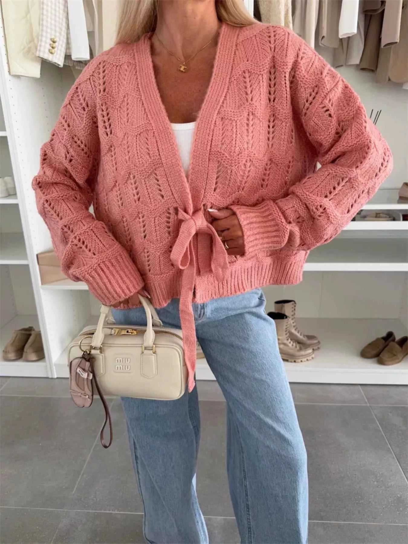 Sarah Express Women's Tie-Front Openwork Cardigan - Lightweight Knit Sweater Shrimp Red