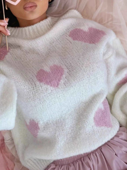 Sarah Express Women's Heart Cable-Knit Round Neck Sweater - Cozy Pullover Knitwear