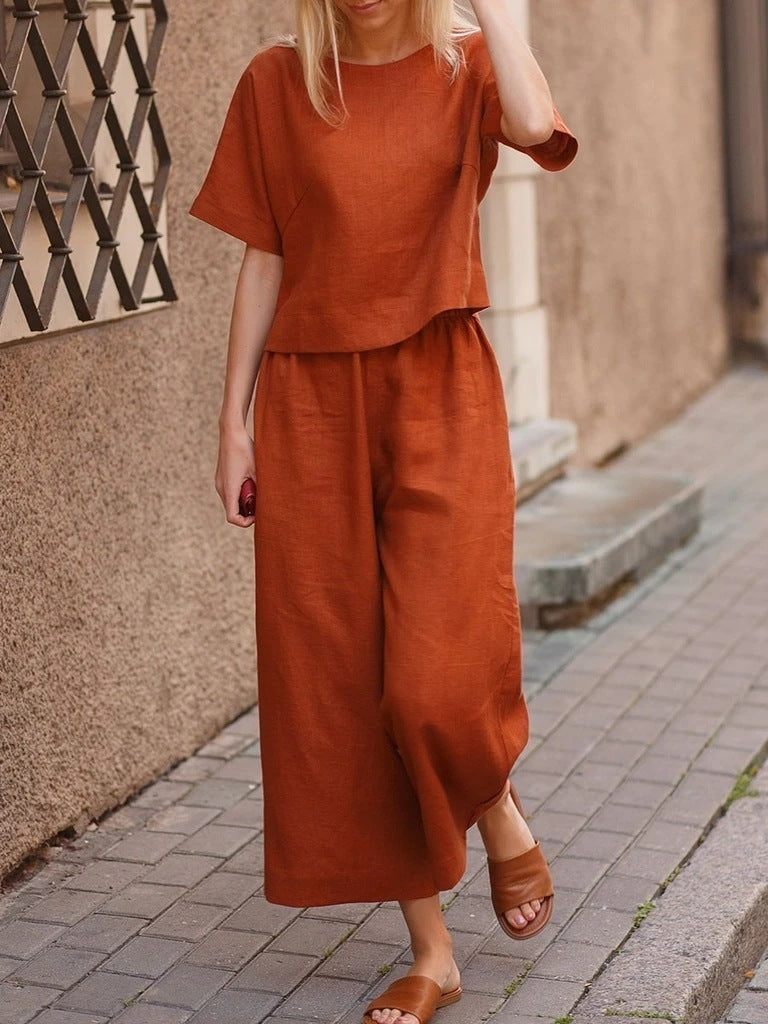 Sarah Express Cotton Linen Two-Piece Set Casual Loose Top Pants Outfit