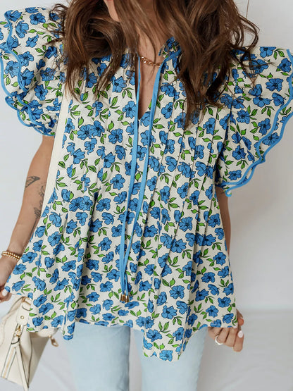 Sarah Express Women's Tiered Flutter Sleeve Pleated Floral Blouse