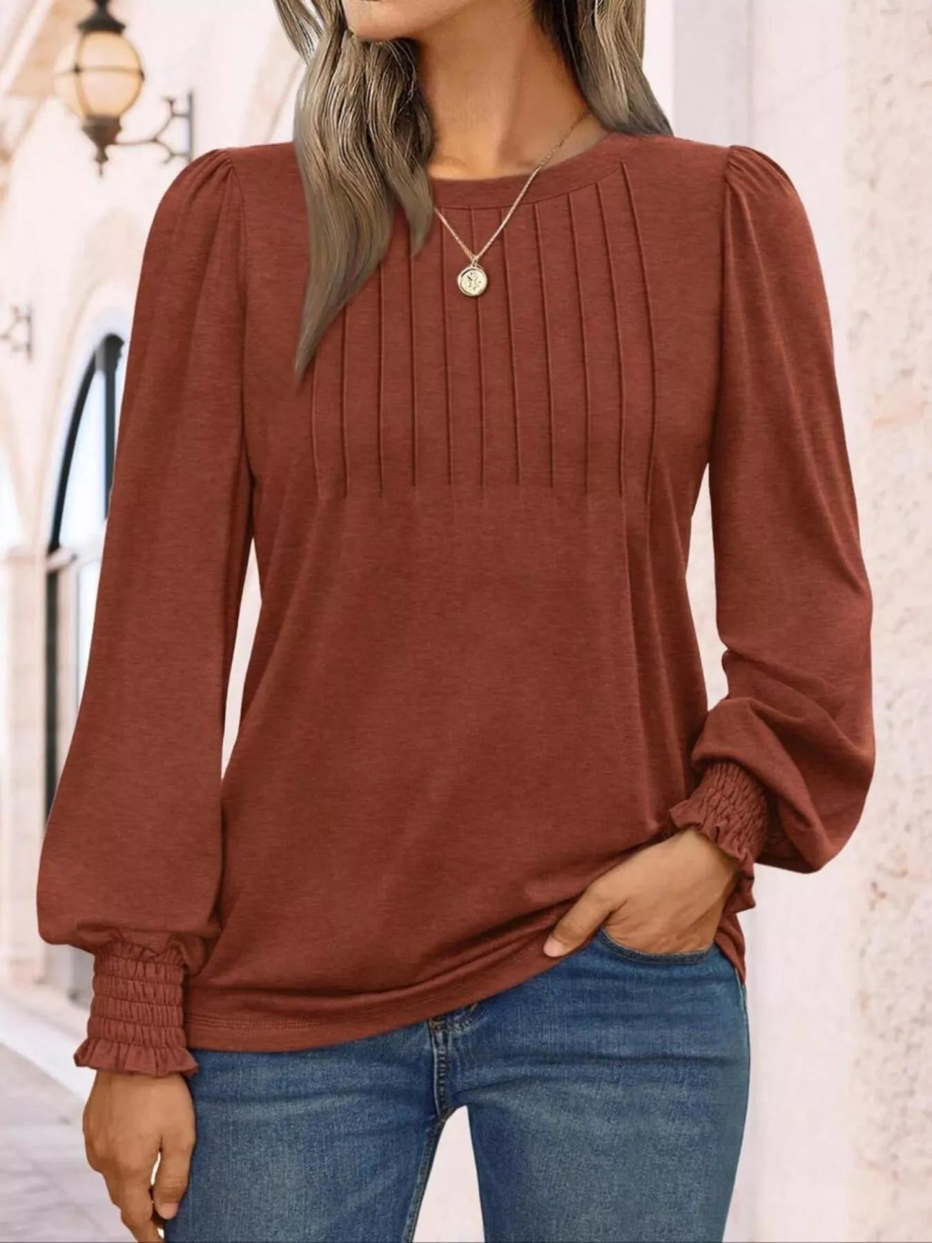 Sarah Express Women's Round Neck Lantern Sleeve Top Brown