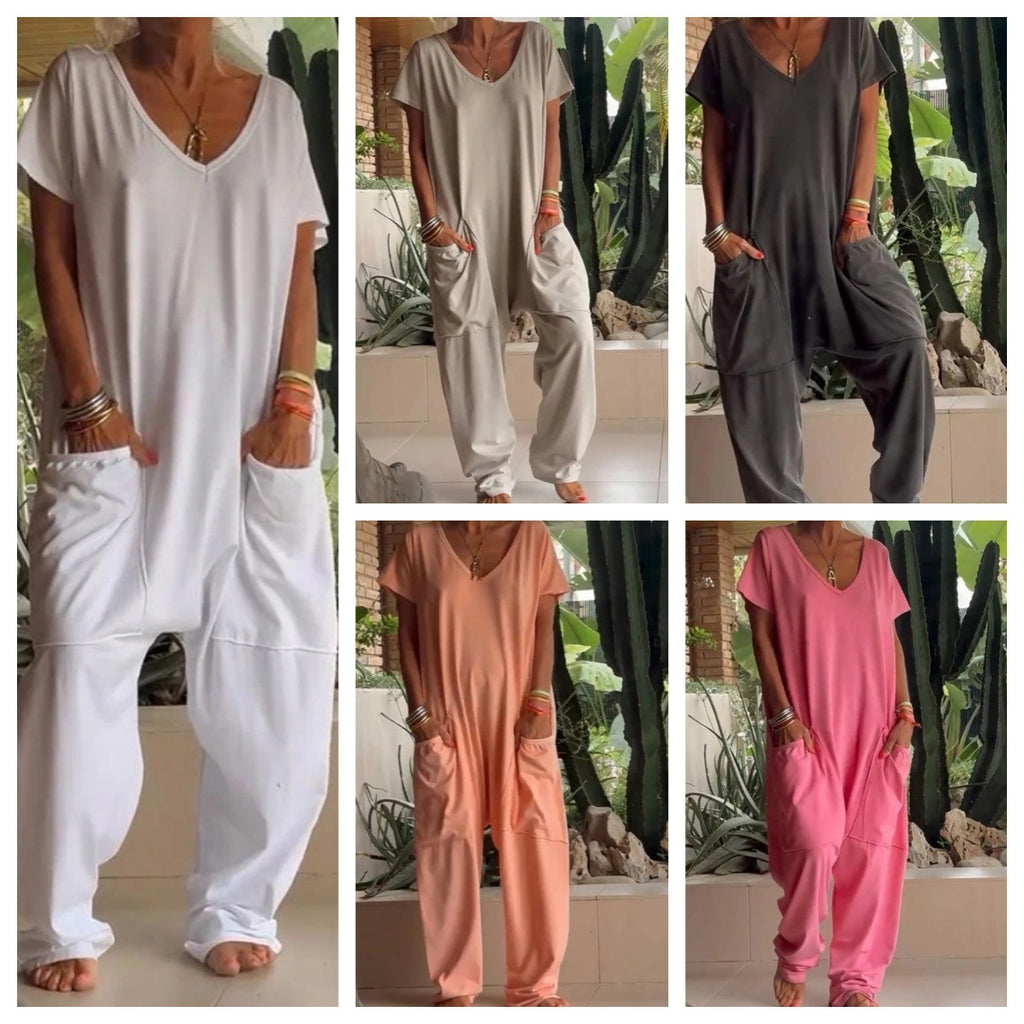 Sarah Express Women's V-Neck Oversized Jumpsuit Quarter Sleeve Pockets Casual Street Style Spring Summer
