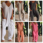 Sarah Express Women's V-Neck Oversized Jumpsuit Quarter Sleeve Pockets Casual Street Style Spring Summer