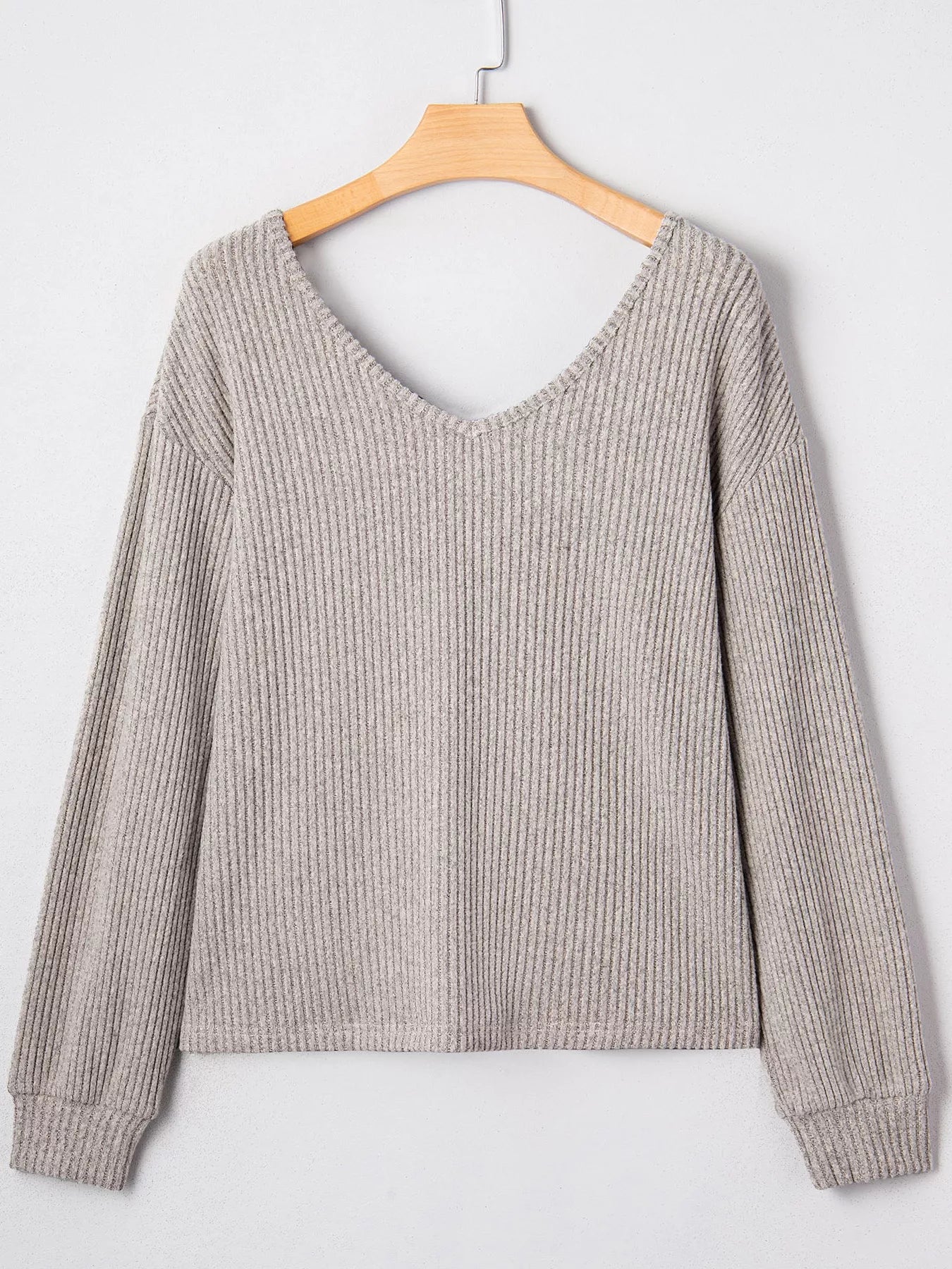 Sarah Express Women's Ribbed V Neck Bow Back Drop Shoulder Long Sleeve Top