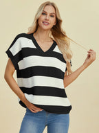 Sarah Express Women's Striped V-Neck Short Sleeve Sweater Black