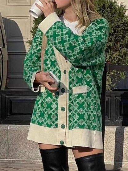 Sarah Express Women's Geometric Pattern Button-Down Cardigan with Pockets