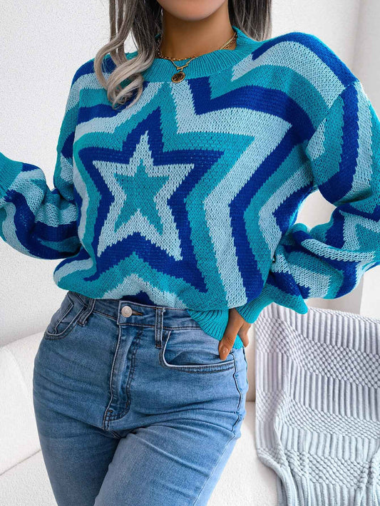 Sarah Express Women's Color Block Star Pullover Sweater - Long Sleeve Knit Top